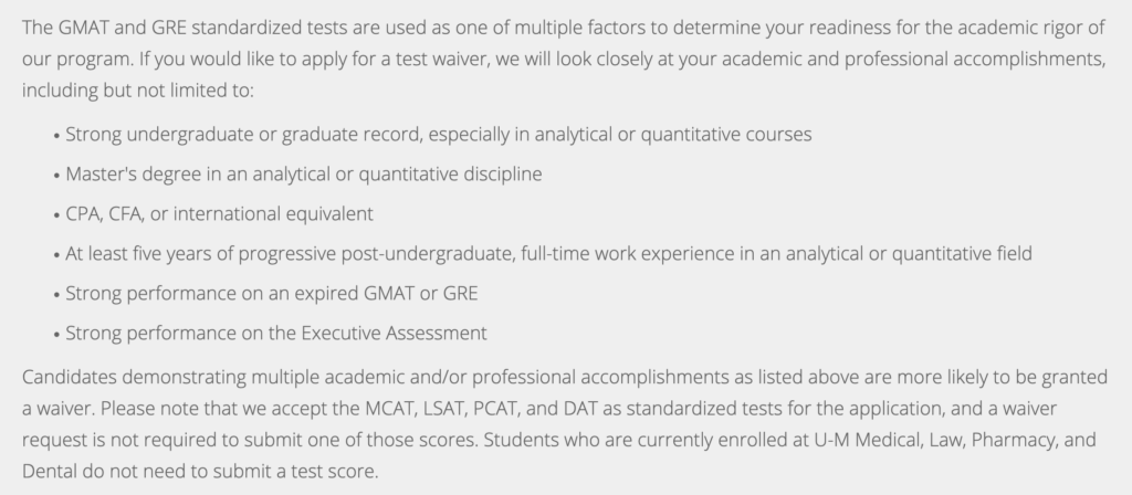 An example of a university GMAT waiver stipulations from the University of Michigan.